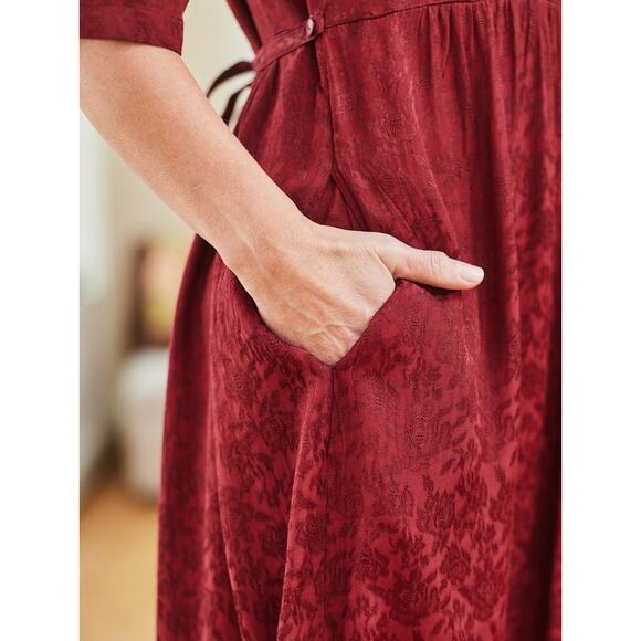 April Cornell Womens Rich Red Jacquard Court Midi Dress Medium Belted - Picture 3 of 8